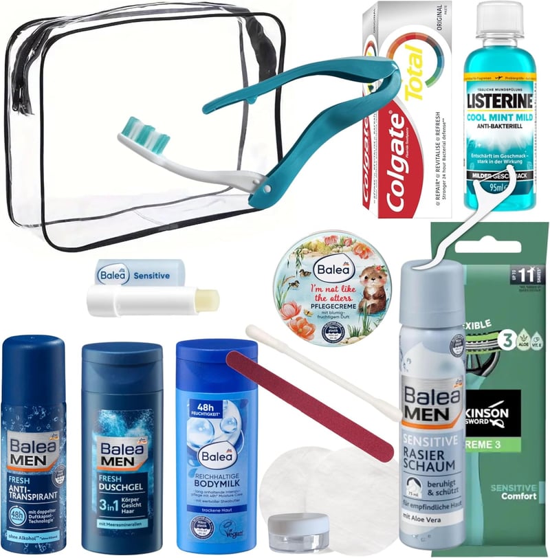 Handgepäck-freundliches Pflege-Set für Männer – Transparente Kulturtasche mit Reisegrößen-Kosmetik