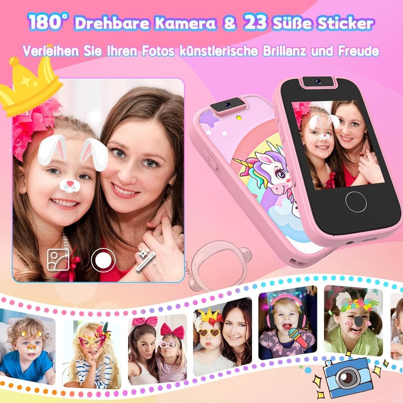 Kinder Smartphone für Jungen und Mädchen, Lernspielzeug mit Touchscreen, 8GB SD Karte, rosa
