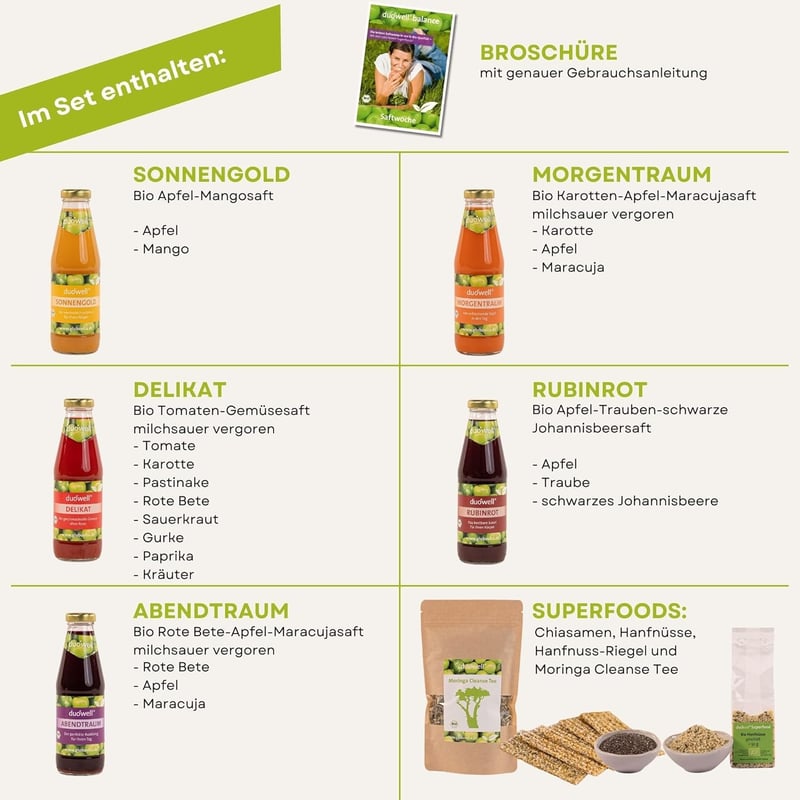 Bio Fasten-Set mit Säften, Suppe & Superfoods für 7 Tage