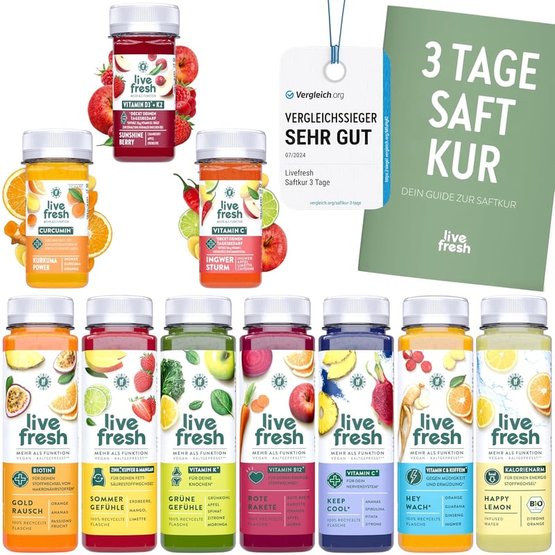 3-Tage Saftkur - 21 kaltgepresste Säfte & 9 Shots, vegan, inkl. Tipps
