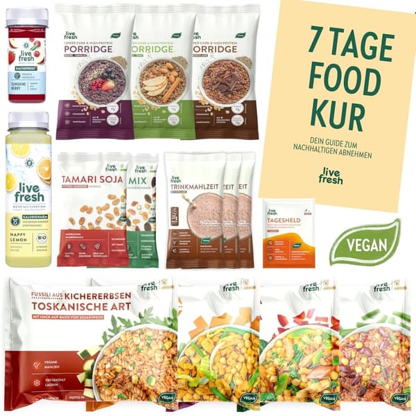 Veganes 7-Tage-Abnehmset mit Porridge, Fertiggerichten & Proteinshakes