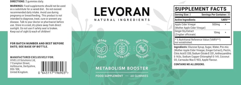Levoran Vegane Stoffwechsel Booster Gummies, glutenfrei