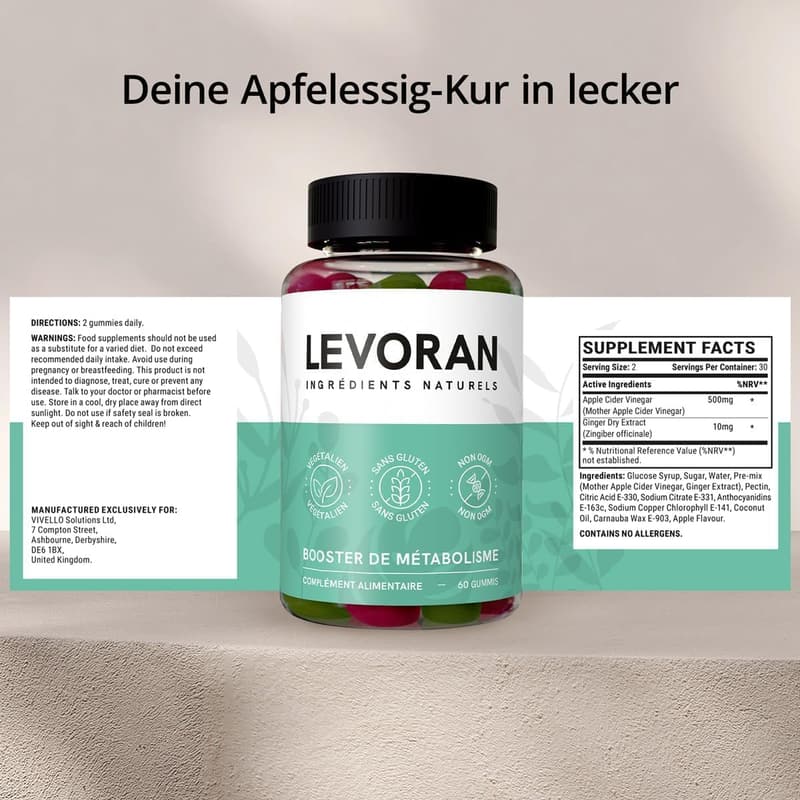 Levoran Vegane Stoffwechsel Booster Gummies, glutenfrei