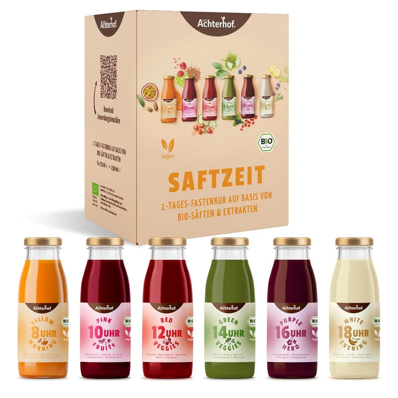 1-Tages-Bio-Fastenkur mit 6 fruchtigen Säften und Kräuterextrakten
