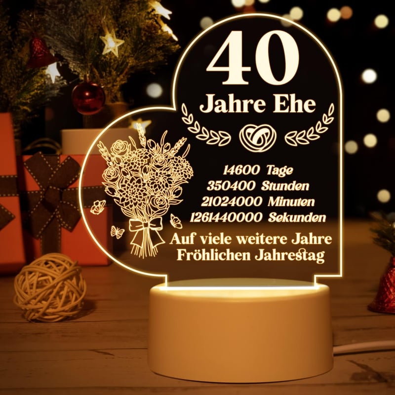 Rubinhochzeit Nachtlampe mit romantischem Text – 40. Hochzeitstag Geschenk