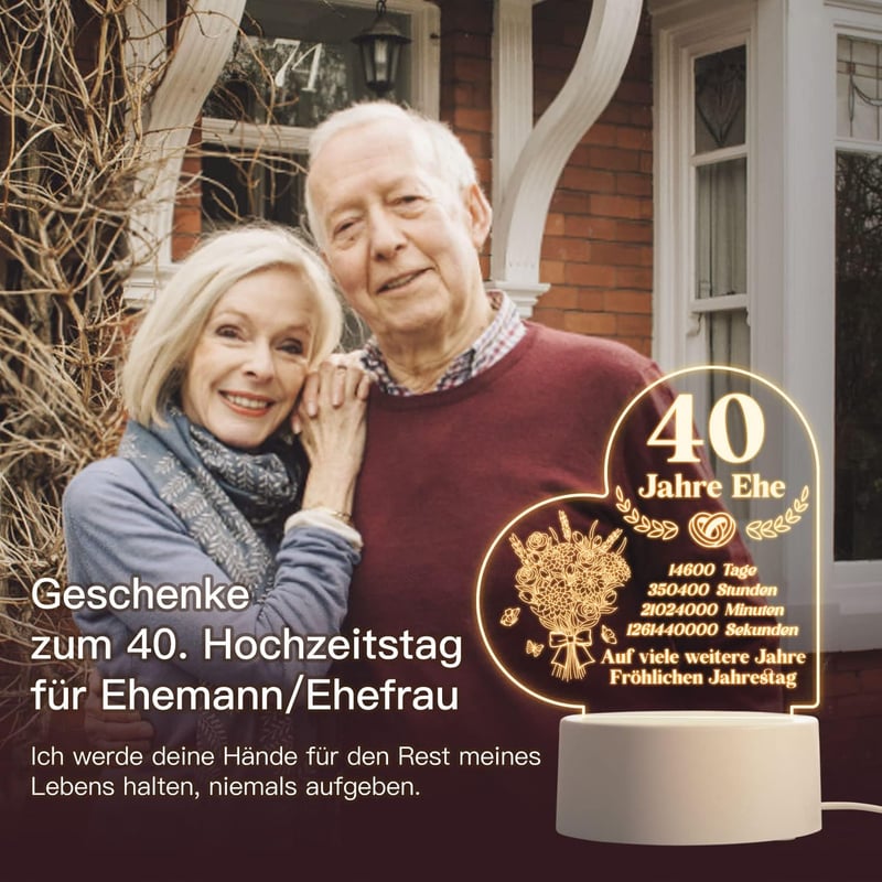 Rubinhochzeit Nachtlampe mit romantischem Text – 40. Hochzeitstag Geschenk