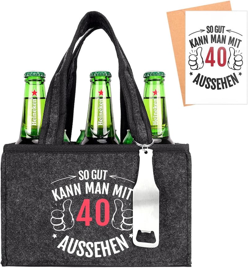 Filztasche für Männer zum 40. Geburtstag mit Flaschenöffner und Grußkarte