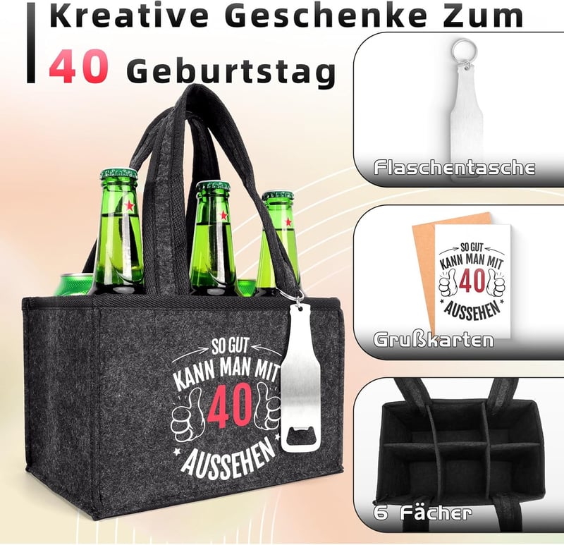 Filztasche für Männer zum 40. Geburtstag mit Flaschenöffner und Grußkarte