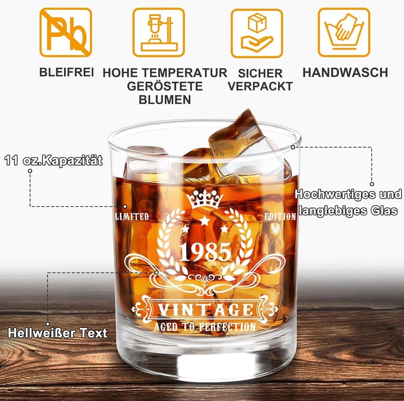 Vintage 1985 Whiskey Glas Set in Holzbox – Geschenke zum 40. Geburtstag für Männer