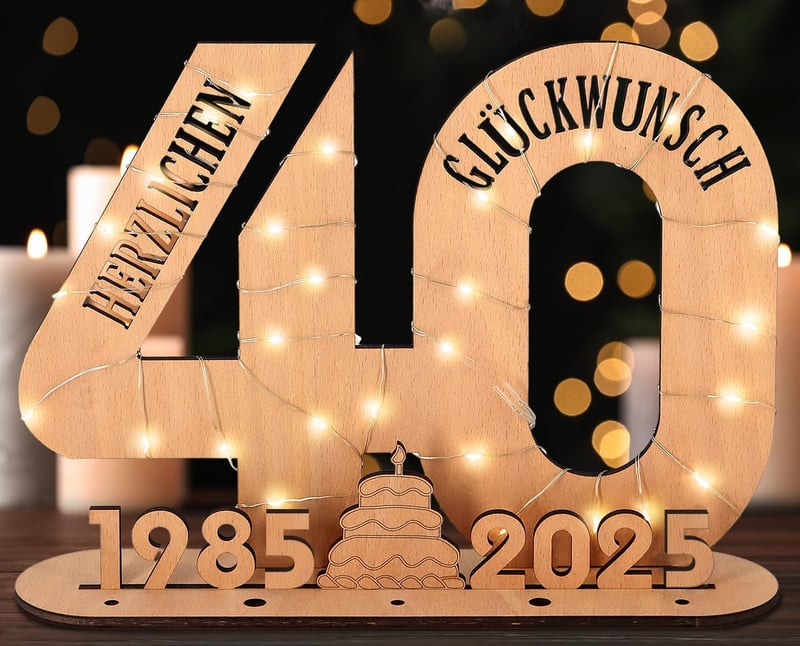 Originelles Geschenk zum 40. Geburtstag – Holzschild mit LED und Gästebuch