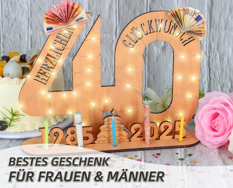 Originelles Geschenk zum 40. Geburtstag – Holzschild mit LED und Gästebuch