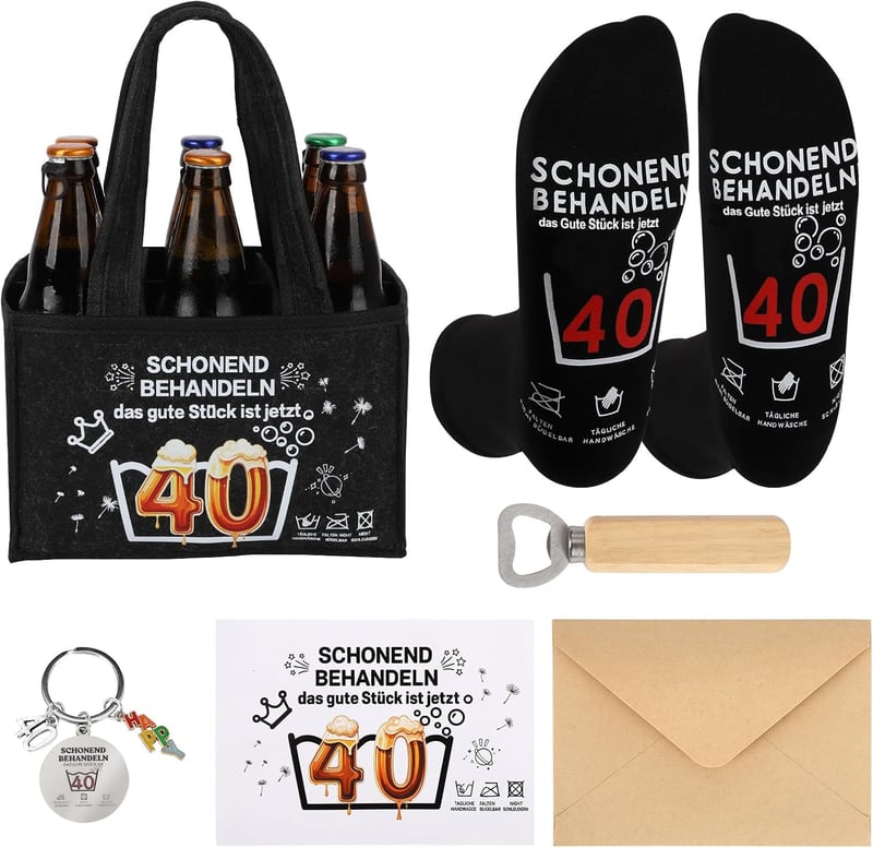 Lustige Männerhandtasche mit Flaschenöffner und Socken – zum 40. Geburtstag