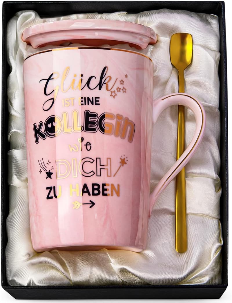 Abschiedsgeschenk für Kollegin – Marmor Tasse mit Löffel und Deckel 400 ml