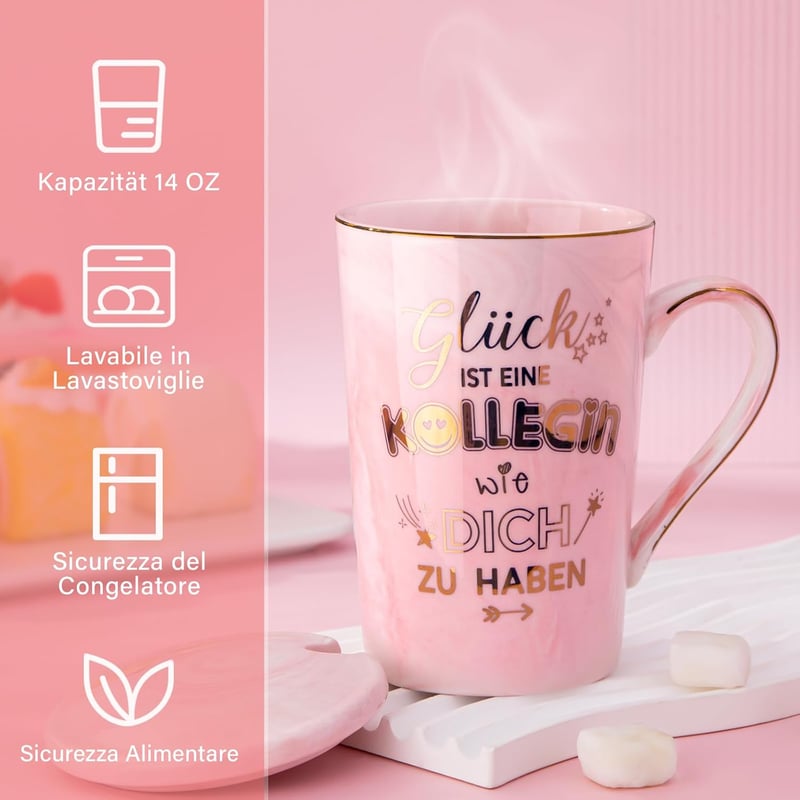 Abschiedsgeschenk für Kollegin – Marmor Tasse mit Löffel und Deckel 400 ml
