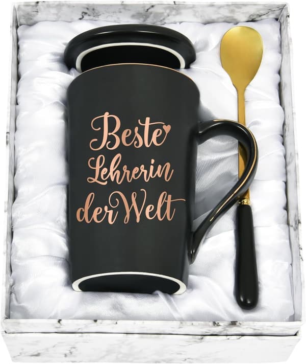 Abschiedsgeschenk für die beste Lehrerin – 400ML Keramik-Tasse mit Deckel und Löffel, schwarz