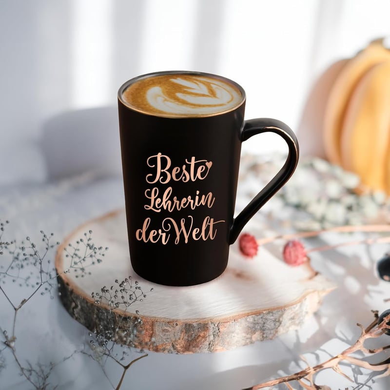 Abschiedsgeschenk für die beste Lehrerin – 400ML Keramik-Tasse mit Deckel und Löffel, schwarz