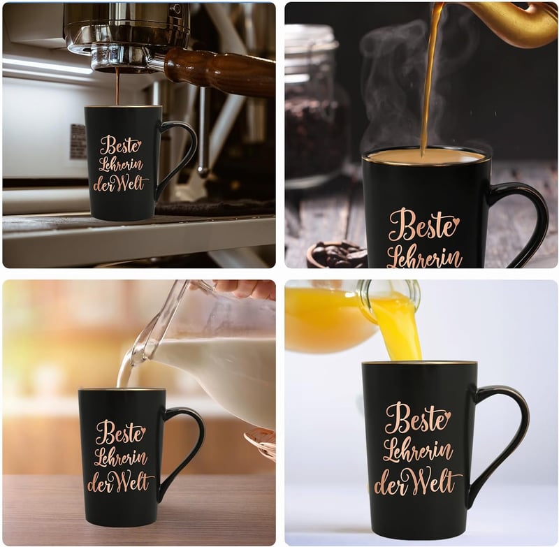 Abschiedsgeschenk für die beste Lehrerin – 400ML Keramik-Tasse mit Deckel und Löffel, schwarz