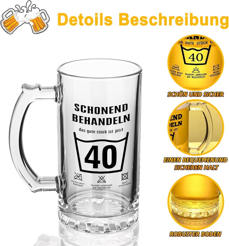 Lustiger Bierkrug 0,5L mit Flaschenöffner für den 40. Geburtstag