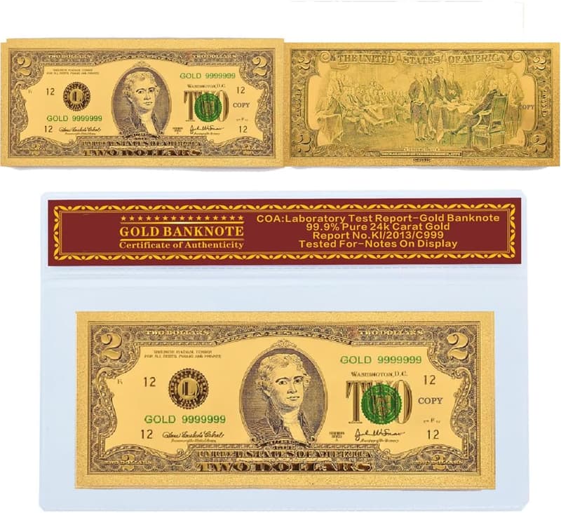 Goldener 2-Dollar-Schein mit Halter für Sammler und Geschäftsfreunde