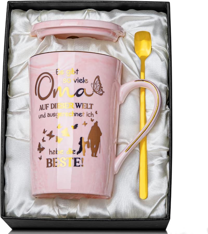 Geburtstagsgeschenk für Oma - 400 ml Rosa Marmor-Kaffeetasse mit Goldmuster