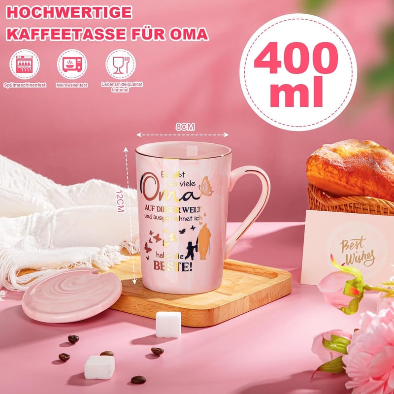 Geburtstagsgeschenk für Oma - 400 ml Rosa Marmor-Kaffeetasse mit Goldmuster