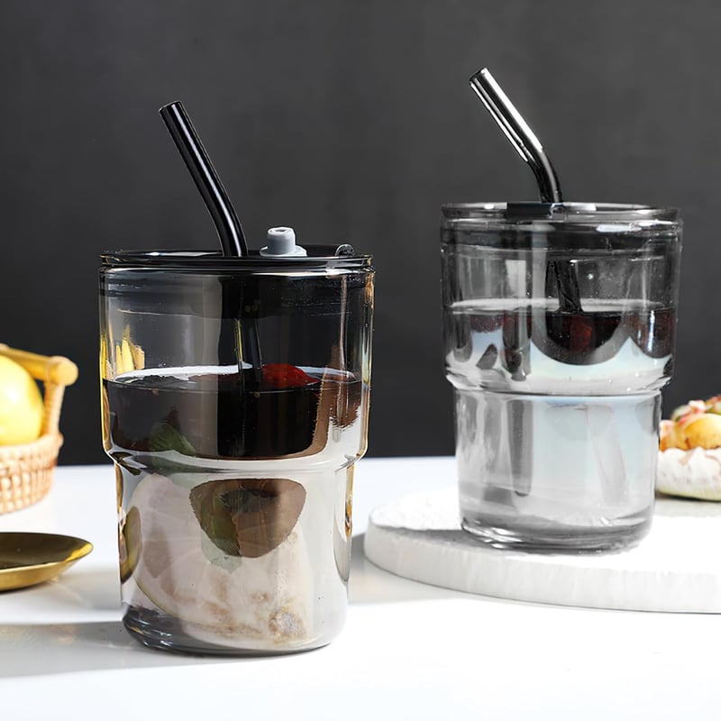 2er Set 400ml Glasbecher mit Deckel und Strohhalm für Smoothies