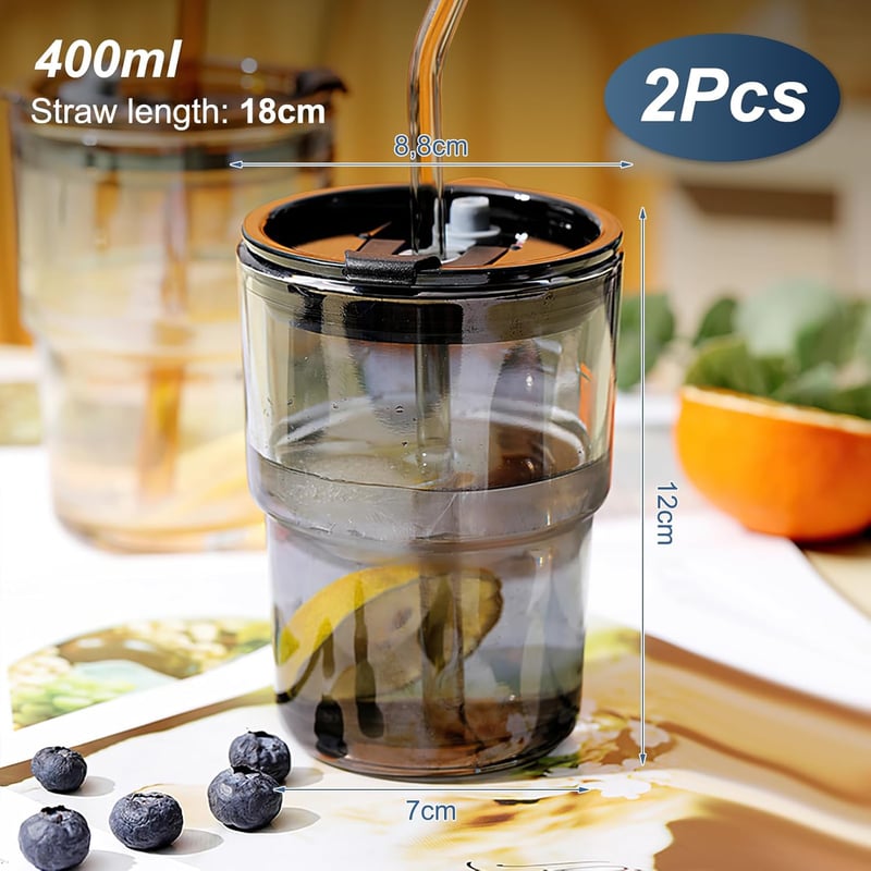 2er Set 400ml Glasbecher mit Deckel und Strohhalm für Smoothies