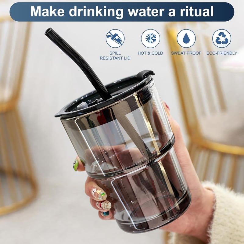 2er Set 400ml Glasbecher mit Deckel und Strohhalm für Smoothies