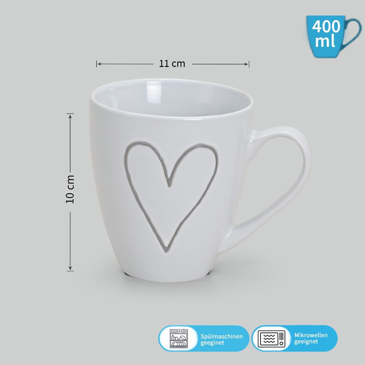 Jumbo Kaffeetassen Set 3er Herzmuster, 400ml, spülmaschinenfest