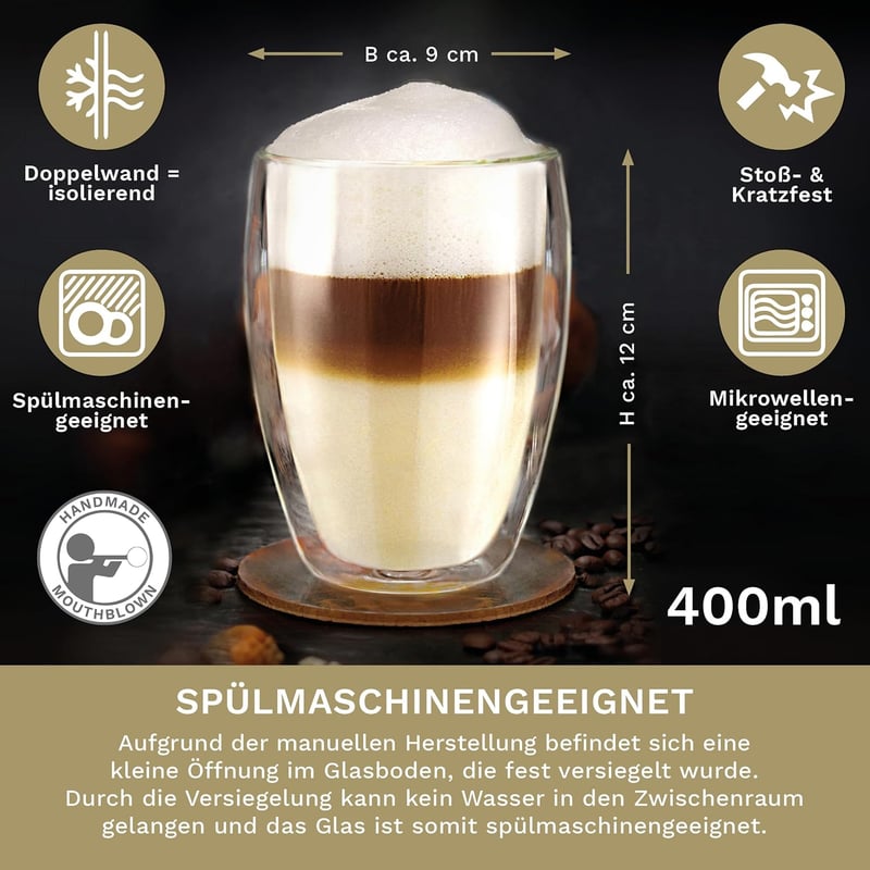 Creano 4er Set XXL doppelwandige Kaffeegläser aus Borosilikatglas 400ml