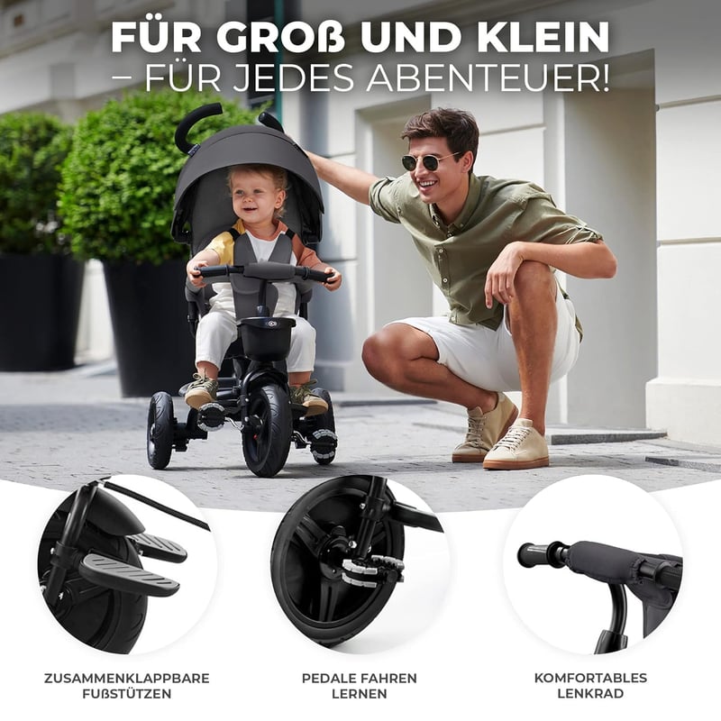 Kinderkraft Aveo Dreirad für Kinder ab 9 Monaten, dunkelgrau, klappbar, mit Schubstange und Sonnenschutz.