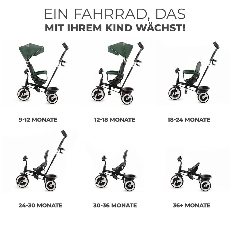 Kinderkraft ASTON Dreirad für Kinder ab 9 Monaten, grün mit Sonnenschutz und Getränkehalter