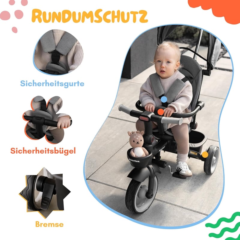 Multifunktionales Dreirad für Kinder ab 1 Jahr – Grau mit 360-Grad-Sitz