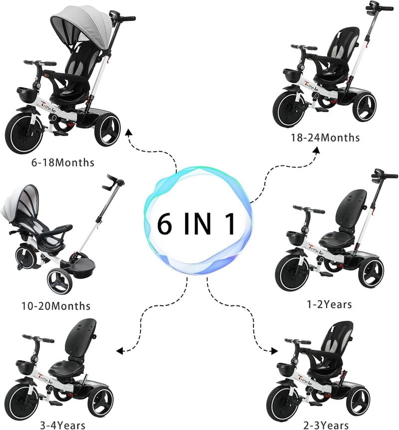 6-in-1 Baby Dreirad mit verstellbarem Verdeck und Sicherheitsgurt