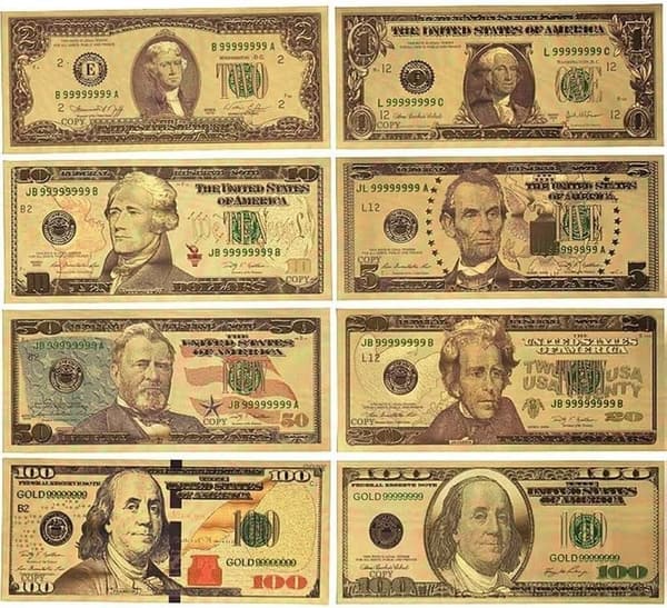 8 Stück Gold Dollar Scheine als Geschenk – Neuheit 100 Dollar, 50 Dollar, 20 Dollar, 10 Dollar, 5 Dollar, 2 Dollar, 1 Dollar