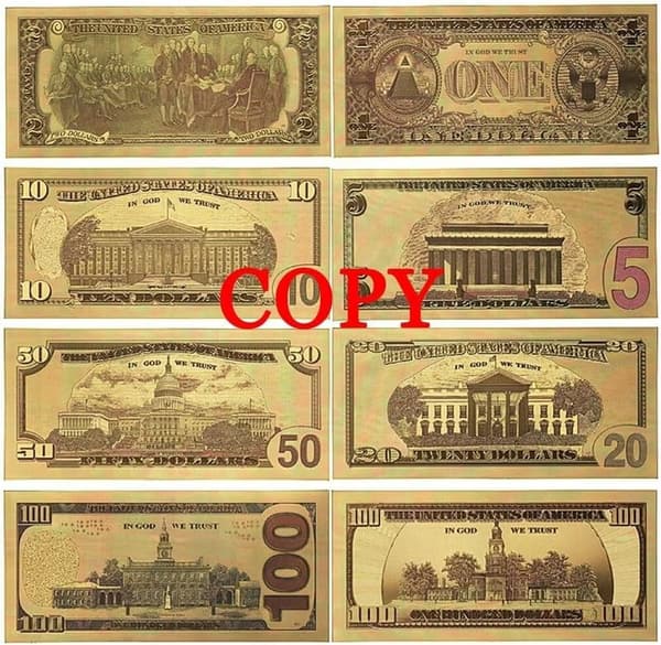 8 Stück Gold Dollar Scheine als Geschenk – Neuheit 100 Dollar, 50 Dollar, 20 Dollar, 10 Dollar, 5 Dollar, 2 Dollar, 1 Dollar