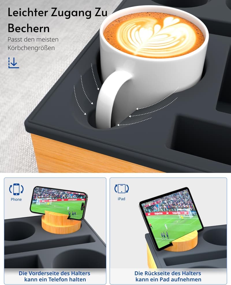 Couch Snackbox aus Silikon mit drehbarem Handyhalter schwarz