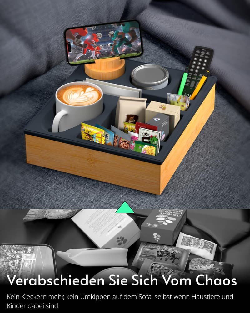 Couch Snackbox aus Silikon mit drehbarem Handyhalter schwarz