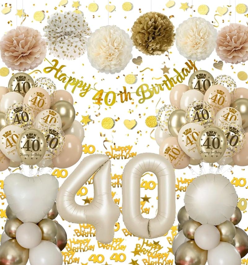 Deko für den 40. Geburtstag für Frauen, Beige-Gold mit Luftballons und Pompons