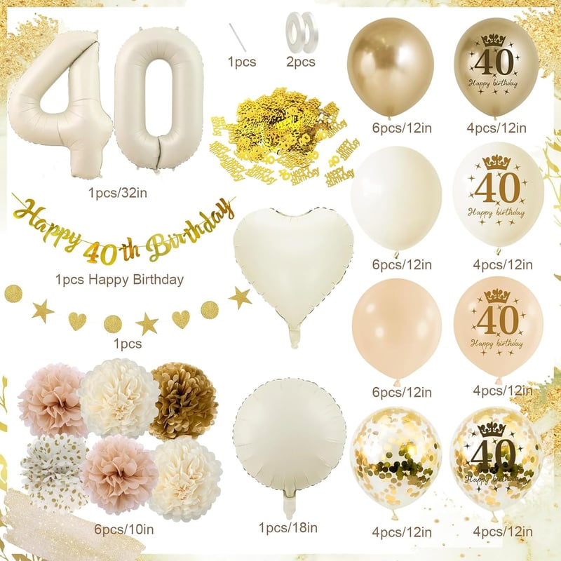 Deko für den 40. Geburtstag für Frauen, Beige-Gold mit Luftballons und Pompons