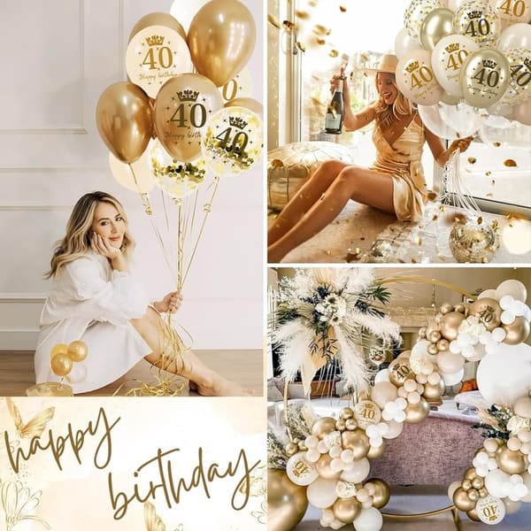 Deko für den 40. Geburtstag für Frauen, Beige-Gold mit Luftballons und Pompons