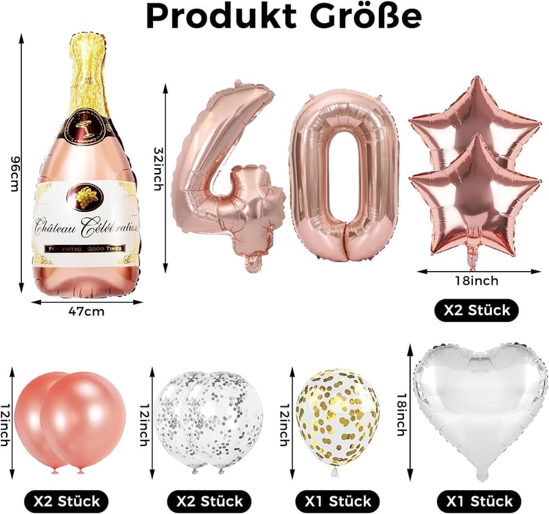Rosegold Deko Set zum 40. Geburtstag für Frauen mit Luftballons und Konfetti