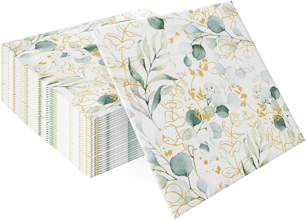 Servietten aus Airlaid für Hochzeiten, Taufen & Feiertage – 50 Stück, Eukalyptus-Design in Gold
