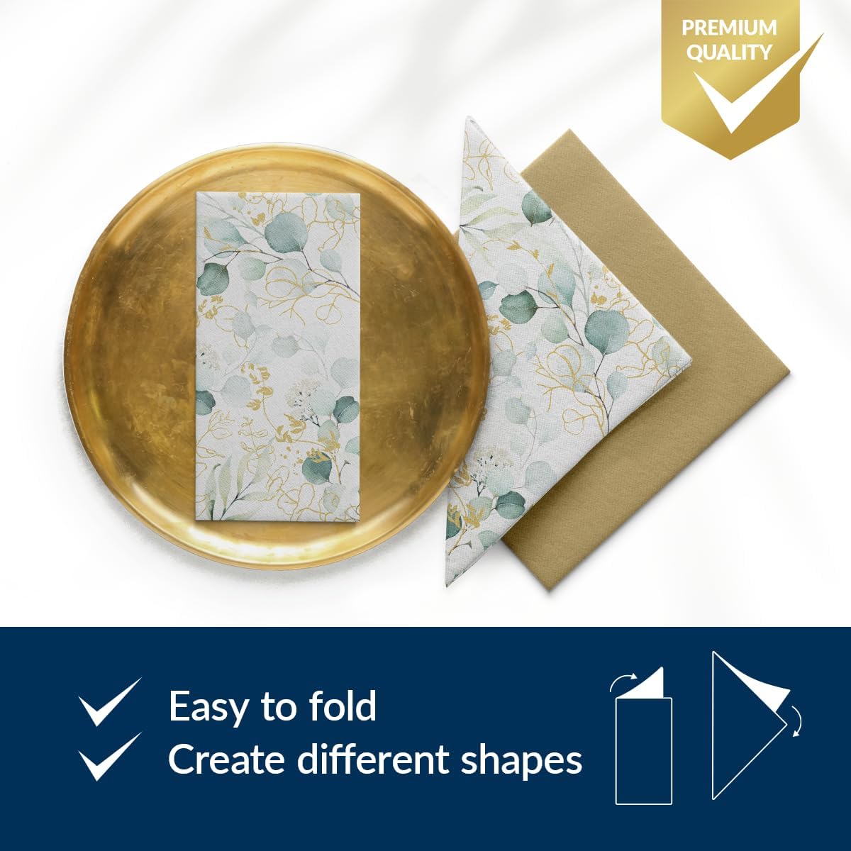 Servietten aus Airlaid für Hochzeiten, Taufen & Feiertage – 50 Stück, Eukalyptus-Design in Gold