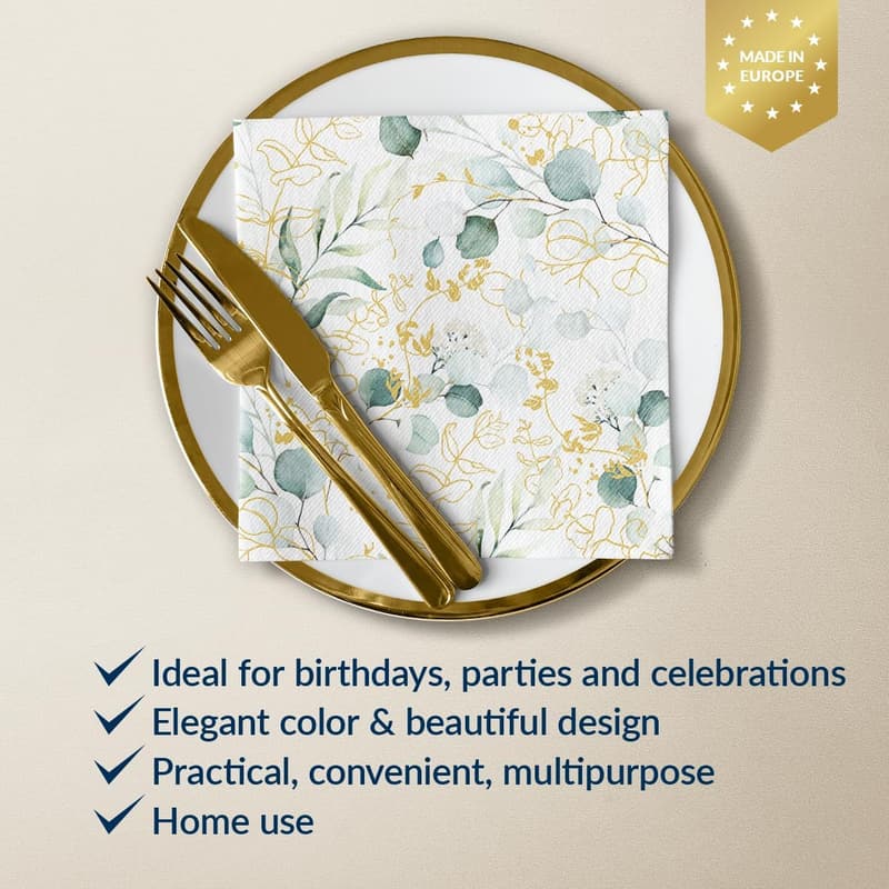 Servietten aus Airlaid für Hochzeiten, Taufen & Feiertage – 50 Stück, Eukalyptus-Design in Gold