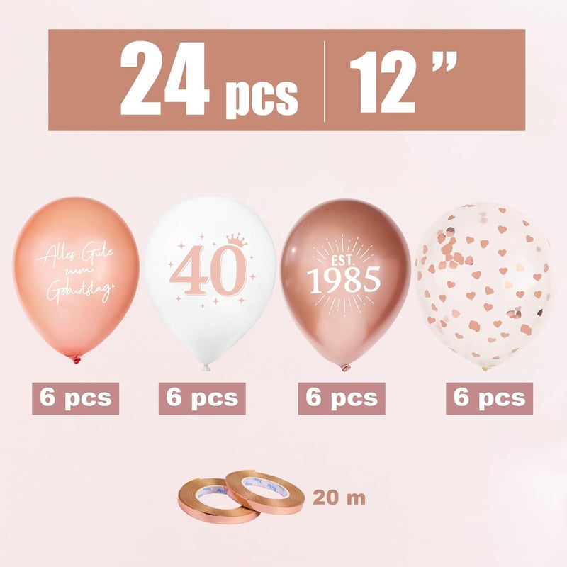 Roségoldene Luftballons für den 40. Geburtstag der Frauen, 24 Stück