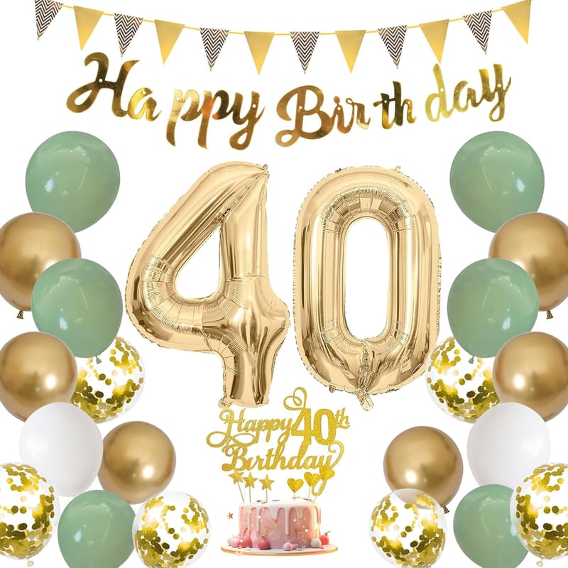 Salbeigrüne Deko-Set für den 40. Geburtstag von Frauen mit Ballons und Banner