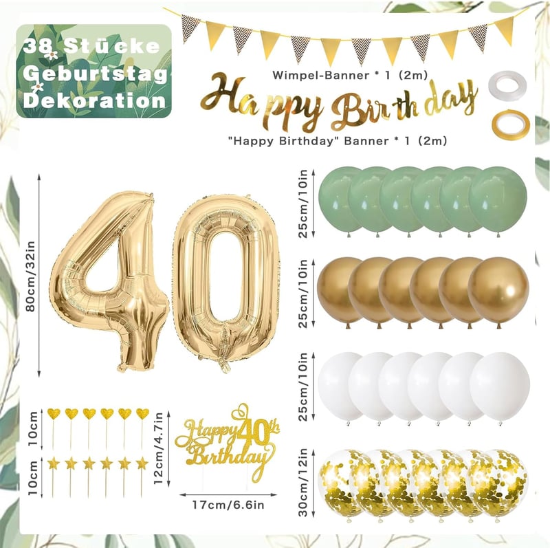 Salbeigrüne Deko-Set für den 40. Geburtstag von Frauen mit Ballons und Banner