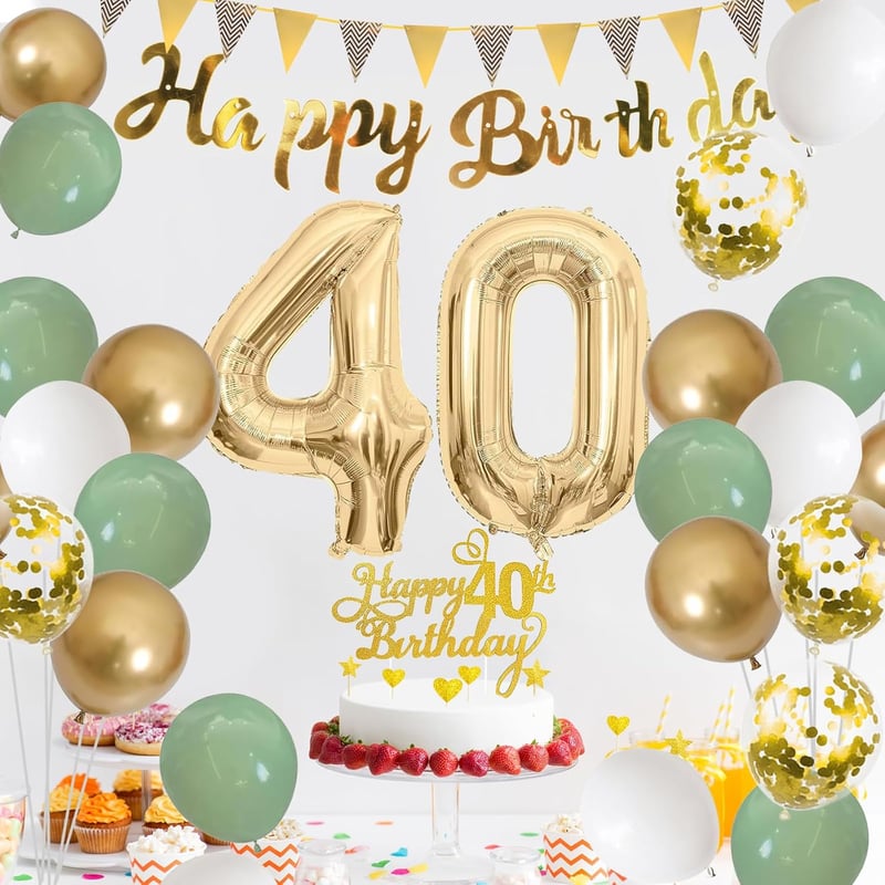 Salbeigrüne Deko-Set für den 40. Geburtstag von Frauen mit Ballons und Banner