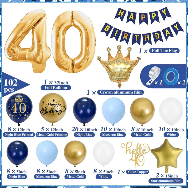 40. Geburtstag Deko für Männer und Frauen, marineblau-goldene Ballons und Girlanden